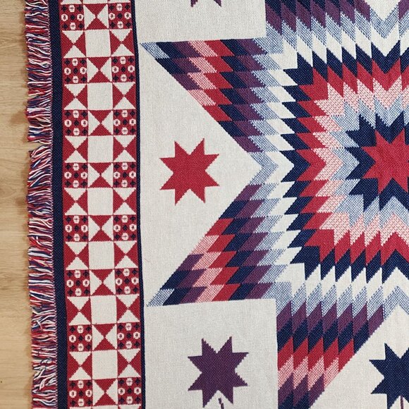 Woven Blanket Wall Hanging Patriotic Red White Blue Fringed Flowers Patchwork - Picture 8 of 14